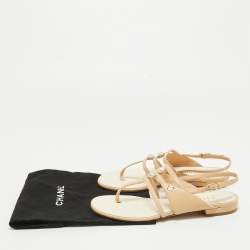 Chanel Beige Leather Embellished Ankle Strap Flat Sandals Size 36