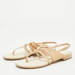 Chanel Beige Leather Embellished Ankle Strap Flat Sandals Size 36