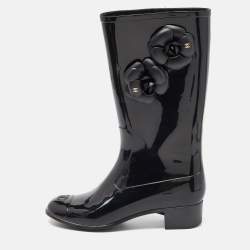 Pre Owned Chanel Black Rubber CC Camellia Rain Boots Size 38