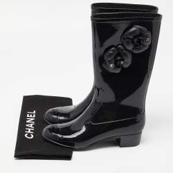 Pre Owned Chanel Black Rubber CC Camellia Rain Boots Size 38