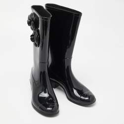 Pre Owned Chanel Black Rubber CC Camellia Rain Boots Size 38