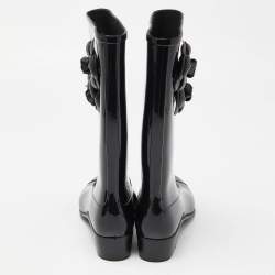 Pre Owned Chanel Black Rubber CC Camellia Rain Boots Size 38
