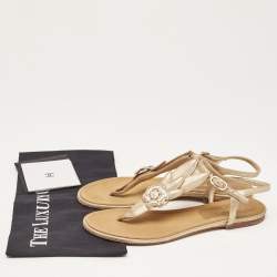 Chanel Gold Suede CC Camellia Leaf Detail Thong Flat Sandals Size 39