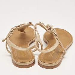 Chanel Gold Suede CC Camellia Leaf Detail Thong Flat Sandals Size 39