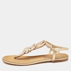 Chanel Gold Suede CC Camellia Leaf Detail Thong Flat Sandals Size 39