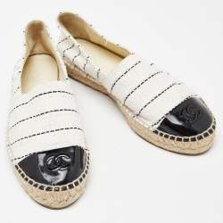 Pre Owned Chanel Off White/Black Tweed and Patent Leather CC Cap Toe Espadrille Flats Size 36