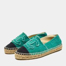 Pre Owned Chanel Green/Black Canvas CC Cap Toe Espadrilles Size 37