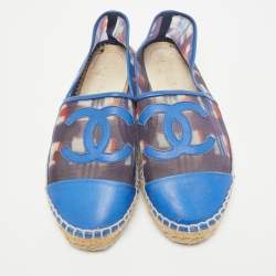 Chanel Blue Printed Mesh and Leather CC Espadrille Flats Size 39