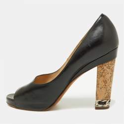 Chanel Black Leather Chain Link Cork Heel Open Toe Pumps Size 38.5