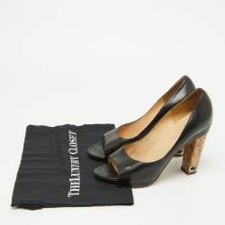 Chanel Black Leather Chain Link Cork Heel Open Toe Pumps Size 38.5