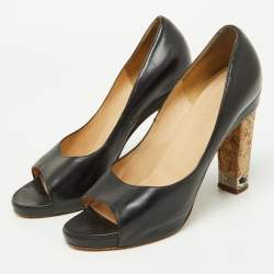 Chanel Black Leather Chain Link Cork Heel Open Toe Pumps Size 38.5
