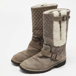 Pre Owned Chanel Grey Suede and Fur CC Mid Calf Boots Size 39