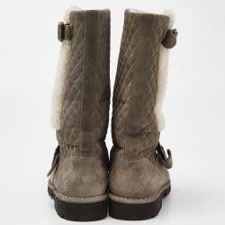Pre Owned Chanel Grey Suede and Fur CC Mid Calf Boots Size 39