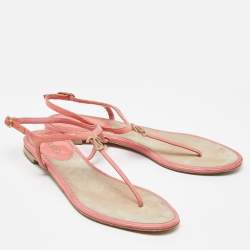 Chanel Orange Patent Leather T-Strap Flat Thong Sandals Size 39