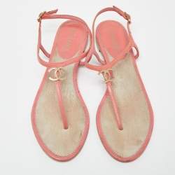 Chanel Orange Patent Leather T-Strap Flat Thong Sandals Size 39