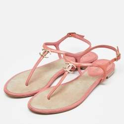 Chanel Orange Patent Leather T-Strap Flat Thong Sandals Size 39