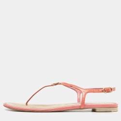Chanel Orange Patent Leather T-Strap Flat Thong Sandals Size 39