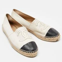 Pre Owned Chanel Off White/Black Leather CC Espadrille Flats Size 38