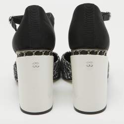 Pre Owned Chanel Black/White Tweed and Fabric CC T-Bar Ankle Strap Pumps Size 40