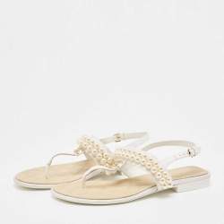 Chanel White Canvas Interlocking CC Thong Sandals Size 39 