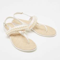 Chanel White Canvas Interlocking CC Thong Sandals Size 39 
