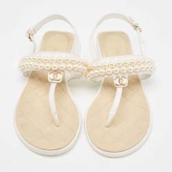 Chanel White Canvas Interlocking CC Thong Sandals Size 39 
