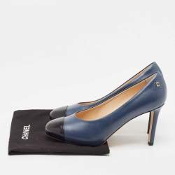 Pre Owned Chanel Navy Blue Leather Cap Toe Pumps Size 37.5