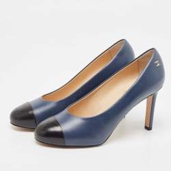Pre Owned Chanel Navy Blue Leather Cap Toe Pumps Size 37.5