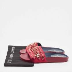 Pre Owned Chanel Pink Satin CC Chain Link Tropiconic Slides Size 39