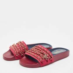 Pre Owned Chanel Pink Satin CC Chain Link Tropiconic Slides Size 39