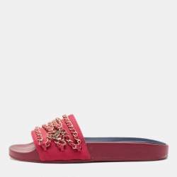 Pre Owned Chanel Pink Satin CC Chain Link Tropiconic Slides Size 39
