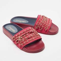 Pre Owned Chanel Pink Satin CC Chain Link Tropiconic Slides Size 39