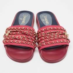 Pre Owned Chanel Pink Satin CC Chain Link Tropiconic Slides Size 39