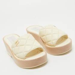 Chanel Cream Quilted Leather Slide Platform Sandals Size 37