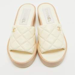Chanel Cream Quilted Leather Slide Platform Sandals Size 37