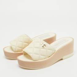Chanel Cream Quilted Leather Slide Platform Sandals Size 37