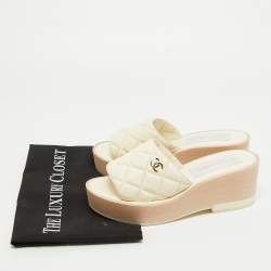 Chanel Cream Quilted Leather Slide Platform Sandals Size 37