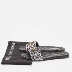 Pre Owned Chanel Multicolor Tweed Interlocking CC Logo Flat Slides Size 38.5