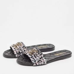 Pre Owned Chanel Multicolor Tweed Interlocking CC Logo Flat Slides Size 38.5