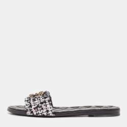 Pre Owned Chanel Multicolor Tweed Interlocking CC Logo Flat Slides Size 38.5