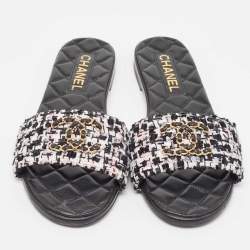 Pre Owned Chanel Multicolor Tweed Interlocking CC Logo Flat Slides Size 38.5