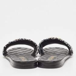 Pre Owned Chanel Multicolor Tweed Interlocking CC Logo Flat Slides Size 38.5