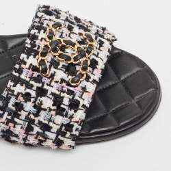 Pre Owned Chanel Multicolor Tweed Interlocking CC Logo Flat Slides Size 38.5