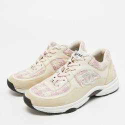 Pre Owned Chanel Cream/Pink Tweed and Leather CC Low Top Sneakers Size 36.5