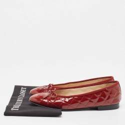 Pre Owned Chanel Brown Quilted Patent Leather CC Bow Ballet Flats Size 38.5