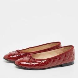 Pre Owned Chanel Brown Quilted Patent Leather CC Bow Ballet Flats Size 38.5