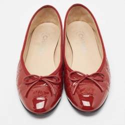 Pre Owned Chanel Brown Quilted Patent Leather CC Bow Ballet Flats Size 38.5