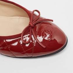 Pre Owned Chanel Brown Quilted Patent Leather CC Bow Ballet Flats Size 38.5