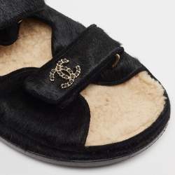 Pre Owned Chanel Black Calf Hair Dad Embellished CC Slingback Flat Sandals Size 42