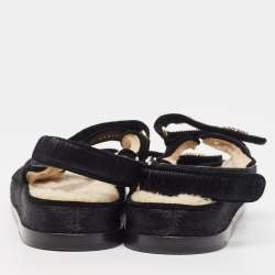 Pre Owned Chanel Black Calf Hair Dad Embellished CC Slingback Flat Sandals Size 42